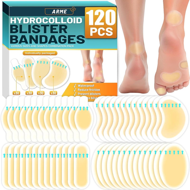 Arme Hydrocolloid Bandages, 120Pcs Gel Blister Bandages for Feet, Waterproof Blister Pads Blister for Prevention & Recovery, Blister Hydroseal Bandaids for Heel Toes Protection(4 Shape Variety Pack) - Image 1